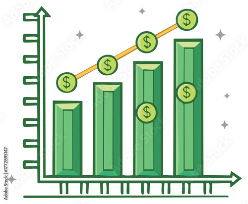 Increasing Sales Graph Showing Growth with Coins Vector Illustration