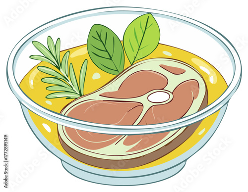 Fresh meat steak with rosemary and herbs marinating in oil inside a glass bowl