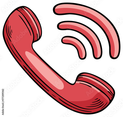 Red classic telephone receiver cartoon illustration with ringing sound waves