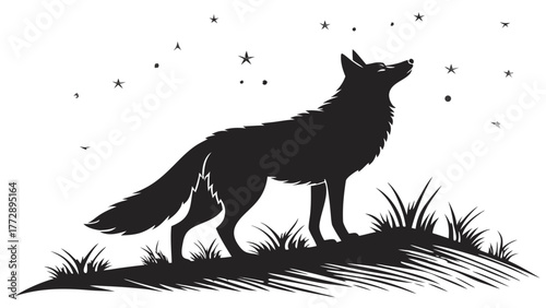 Coyote Howling at Stars Night Sky Silhouette Vector Illustration, A striking black silhouette vector illustration of a coyote howling at a starry night sky, conveying a sense of wilderness and mystery