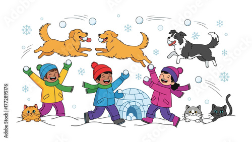 Winter Wonderland Fun: A heartwarming illustration captures a playful winter scene, featuring children and their furry companions enjoying a delightful snowball fight amidst a snowy landscape. 