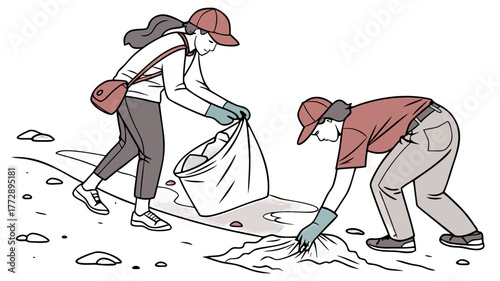 People Cleaning Up Litter Outdoor Environment Volunteers,  A clear vector illustration depicting two people actively cleaning up litter from an outdoor environment, highlighting community service 