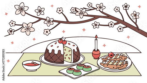 Cherry Blossom Table with Festive Desserts and Candle,  vector illustration featuring a table set with festive desserts including cake and pastries, illuminated by a candle, all beneath delicate