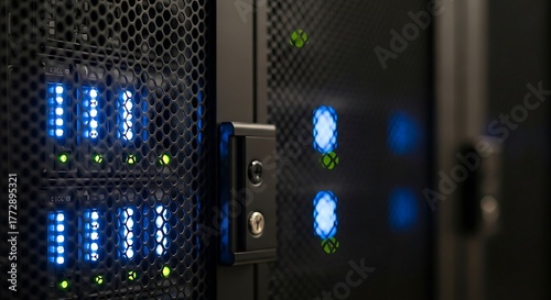 Advanced server racks with vibrant blue indicator lights glowing intensely, signifying powerful data processing and robust network infrastructure