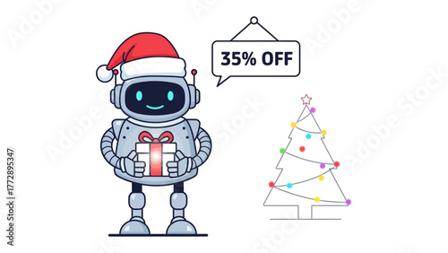 Festive Robot: A cheerful robot wearing a Santa hat and holding a gift, offering a 35% discount for the holiday season next to a minimalist decorated christmas tree. 