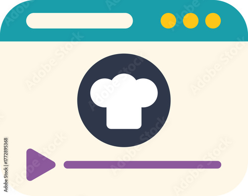 Website page is showing a cooking video with play button and chef hat icon, online culinary course concept