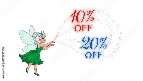 Enchanting Discount Fairy: A whimsical fairy conjures magical discounts, sprinkling glittering spells of 10% OFF and 20% OFF to entice shoppers with irresistible savings.