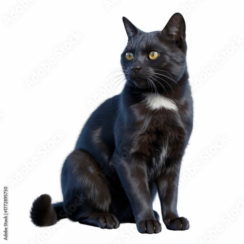 A beautiful young black kitten with sleek fur is sitting in a stunning portrait, perfectly isolated on a bright white background