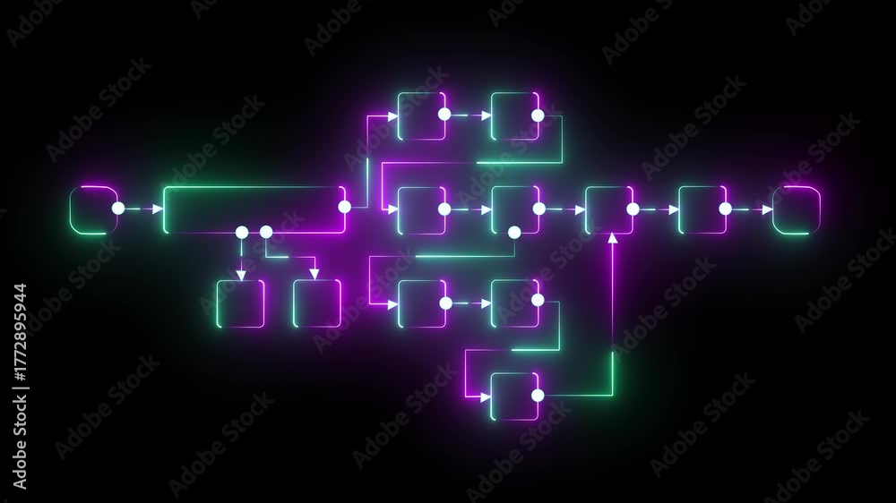 Futuristic neon flowchart diagram with glowing connected blocks and ...