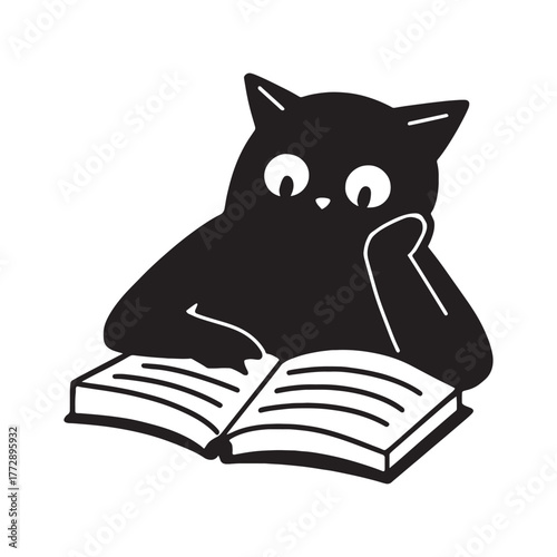 Cute Black Cat Reading Book Minimalist Icon