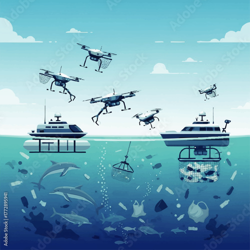 Illustration of drones and boats with pollution in the ocean