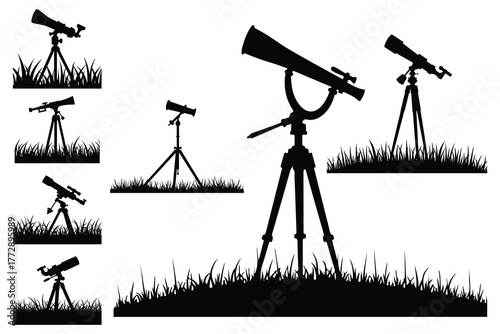 Black silhouette telescopes on tripods in grass astronomy