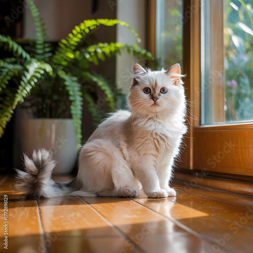 A cute domestic kitten with blue eyes and white fur is looking from the window sill