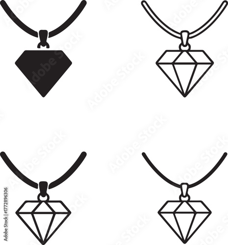 Isolated elegant diamond pendant necklace icon set, luxury jewelry fashion symbols, editable vector art, necklace, pendant, and gemstone icons for luxury buyers