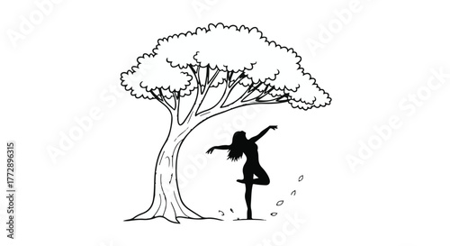 Graceful dancer finds serene balance beneath a sheltering tree.