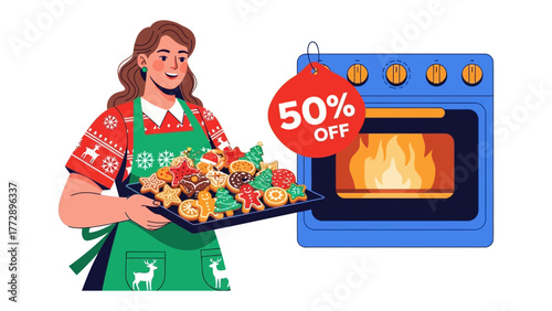 Holiday Baking Delight: A festive scene where a woman, adorned in holiday attire, proudly presents a tray of freshly baked cookies.