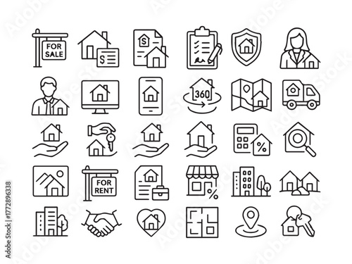 Real Estate Agent Property Buy Rent and House Security Line Icons.