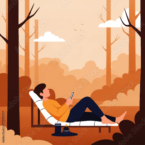 A person reclines on a lounge chair in a serene forest clearing with autumnal hues and a warm atmosphere while using a smartphone.