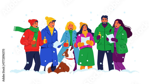 Joyful Carolers in Snowy Scene: A warm and inviting illustration captures a group of carolers joyfully singing in a winter wonderland, surrounded by gentle snowfall, sharing the spirit of the season.
