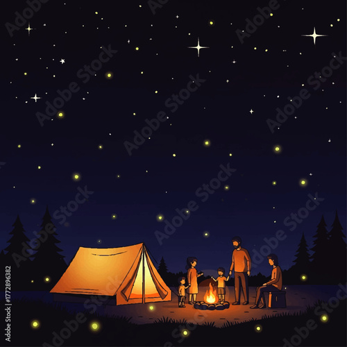 Illustration of a family camping under a starry night sky with a tent and campfire in a serene forest clearing