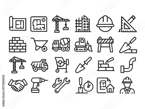 Construction Work Engineering Tools and Architecture Line Icons Set.