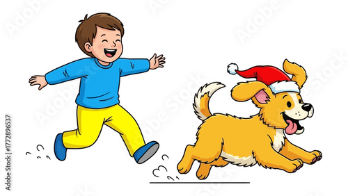 Joyful Run: A cheerful child, radiating happiness, joyfully chases after a playful dog, its ears perked, in a lively display of companionship, setting off a scene of pure glee.