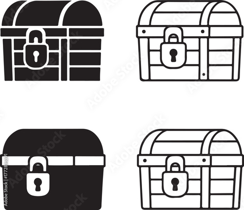 Isolated treasure chest icon set, locked pirate gold treasure box symbols, editable vector art, treasure, gold, and pirate icons for game, story, and collector buyers