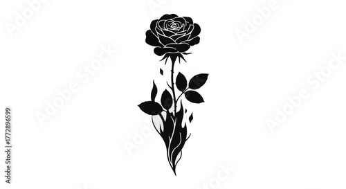 Elegant black rose silhouette with falling petals on a white background, symbolizing mystery and beauty.