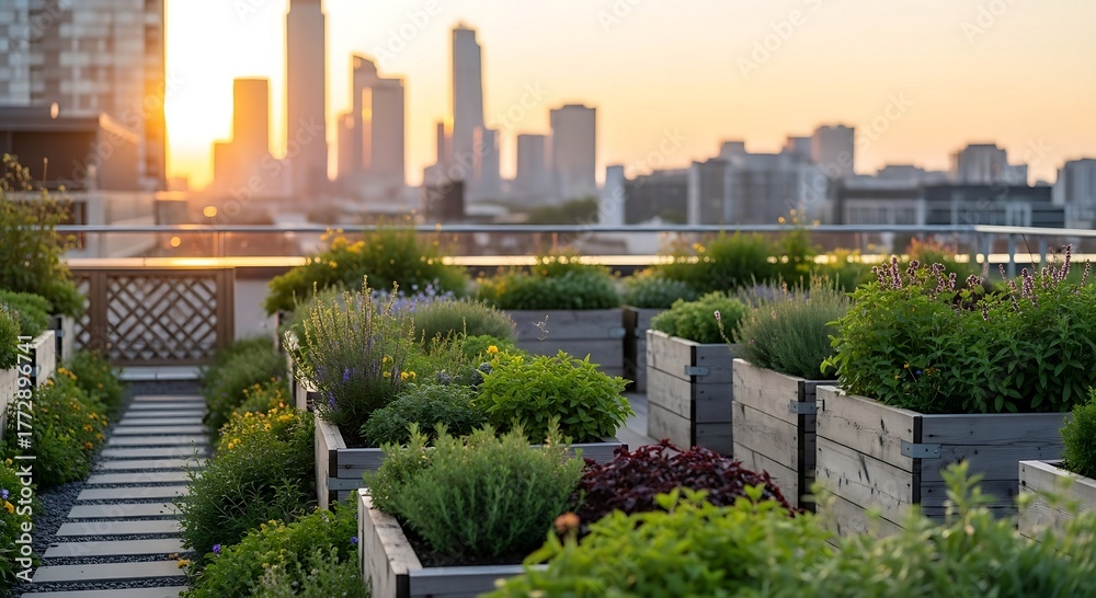 Fototapeta premium Serene rooftop garden oasis blooms with vibrant greenery against a stunning city skyline at golden hour sunset