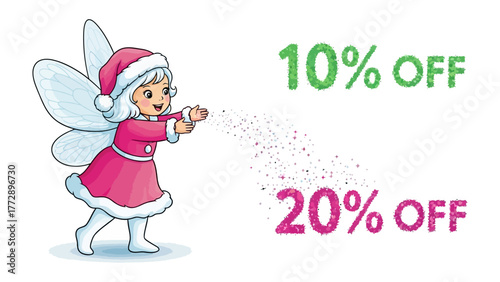 Festive Offer with a Pixie: A whimsical pixie, adorned in a holiday-themed outfit, sprinkles glittering fairy dust to unveil tempting discount offers for a seasonal promotion.
