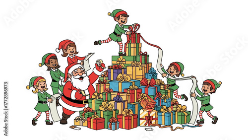 Santa and Elves Preparing Gifts: Santa and his helpful elves busy themselves, wrapping gifts in preparation for the most wonderful time of the year.