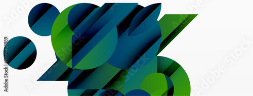 Abstract geometric composition. Circles overlap angled shapes, creating dynamic visual effect. Greens, blues dominate palette. Minimalist design.