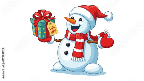 Festive Snowman: A jovial snowman, adorned in a festive hat and scarf, gleefully presents a gift box, celebrating holiday cheer.
