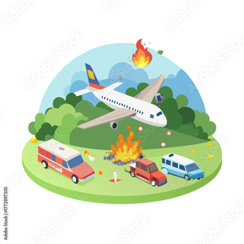 Plane crash incident in field emergency response smoke and fire late evening.icon