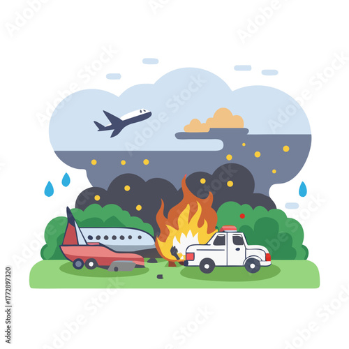 Plane crash incident in field emergency response smoke and fire late evening.icon