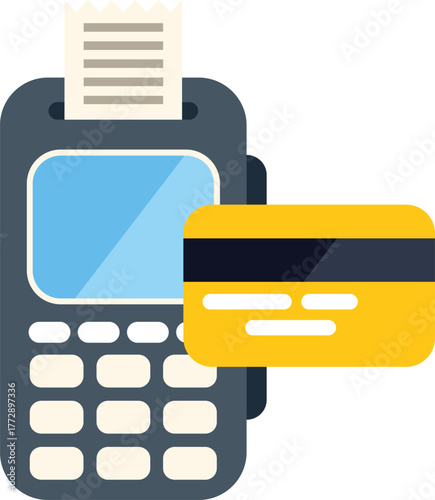 Credit card being processed on a pos terminal, printing a receipt, depicting electronic payment