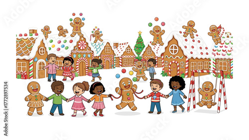 Gingerbread Village Playtime: A delightful scene unfolds as diverse children and gingerbread men frolic, embodying the spirit of playful joy, with gingerbread houses, a symbol of festive cheer. 