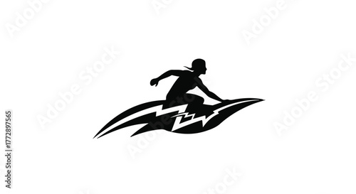 Dynamic silhouette of a surfer riding a lightning bolt wave