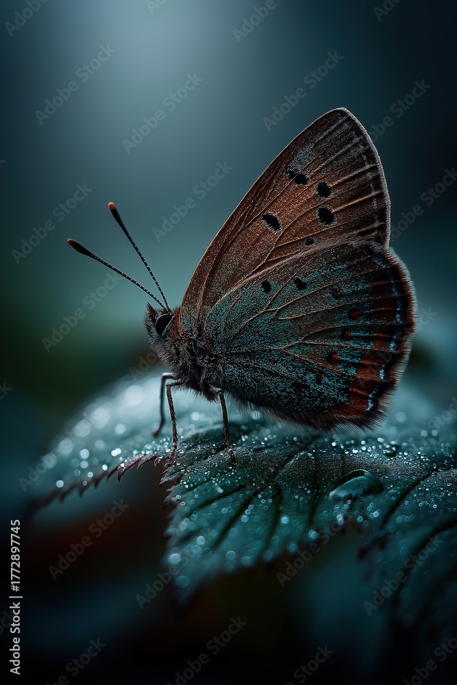 Fototapeta premium Butterfly resting on green leaf with dew drops