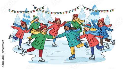 Joyful Winter Skating: A group of friends embraces the winter season, gracefully gliding on the ice and enjoying a shared experience amidst the cold.