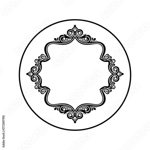 Elegant black circular frame with ornate decorative swirls and empty center
