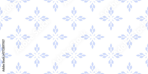 Luxury blue and white minimal floral ornament. Elegant vector geometric seamless pattern with small flowers, leaves. Simple minimalist oriental background texture. Repeating design for decor, textile