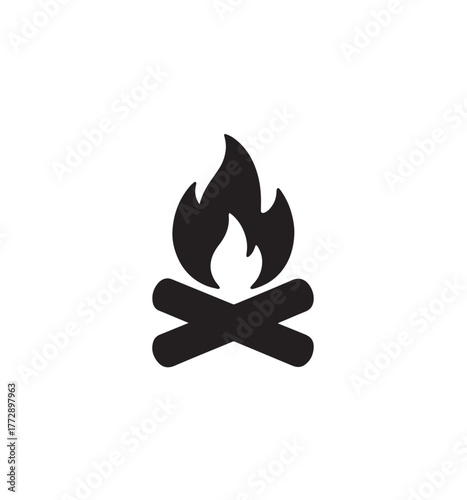 Simple Black Campfire Icon with Flame and Crossed Logs in Flat Design Style