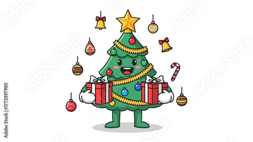 Holiday Cheer: A whimsical illustration of a jovial Christmas tree, adorned with festive ornaments and twinkling lights, proudly presents gifts, embodying the spirit of the season.