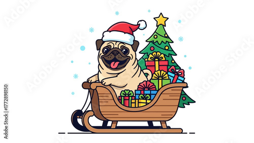 Holiday Pug's Festive Ride: A joyful pug wearing Santa's hat is seated in a sleigh, accompanied by a decorated Christmas tree and presents, perfect for festive seasonal greetings.