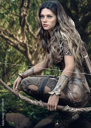 Portrait of a female brunette wood elf ranger taking a rest while on patrol of her homeland. 3d rendering