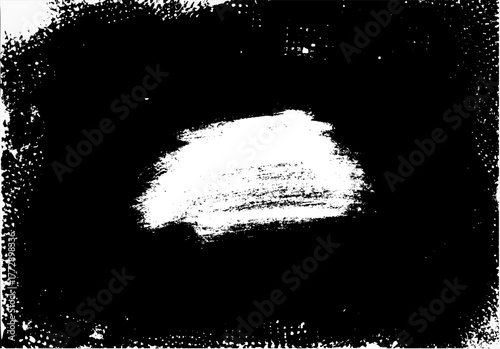 Old paper texture with worn dust overlay, black brush frame, and halftone grain. Vintage cover design element for artistic retro background or aged graphic style. Vector bg