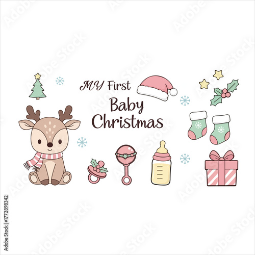 My First Baby Christmas Kawaii Clipart Set | Cute Reindeer, Bottle, Gift, Santa Hat, Stockings