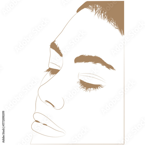 A minimalist line art portrait in monochrome sepia/tan, showing a side profile of a person with eyes closed, emphasizing the lips, nose, eyebrows, and hairline.