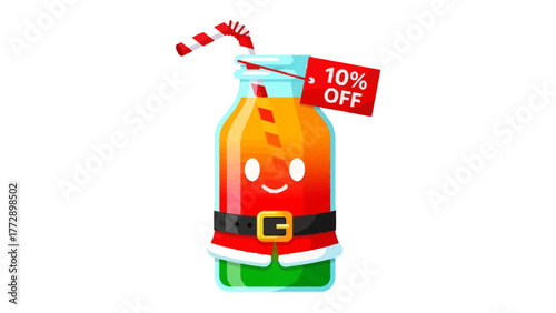Festive Drink with Discount: A playful illustration depicts a cheerful beverage, adorned in holiday attire, complete with a charming smile and a special 10% discount.
